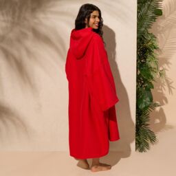 OHS Women's Poncho Oversized Hooded Towel Bath Beach Robe in Red - thumbnail 3