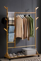 Living and Home Bamboo Clothes Rack Garment Rack with Bottom Shelf Versatile Shoe & Clothing Organizer in Natural
