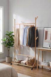 Living and Home Bamboo Clothes Rack Garment Rack with Bottom Shelf Versatile Shoe & Clothing Organizer in Natural - thumbnail 7