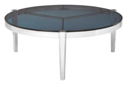 Orsina Round Coffee Table For Kitchen, Smoky Grey Glass Top Table, Silver Coffee Table With Stainless Steel Frame