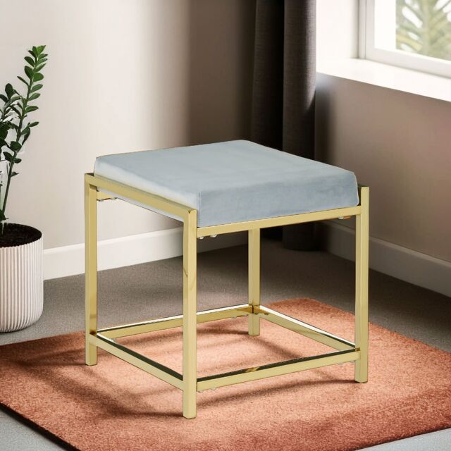 Orsina Powder Blue Velvet & Gold Stool, Square Velvet Upholstered Accent Seat, Chic Stainless Steel Frame - image 1