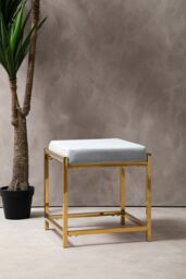 Orsina Powder Blue Velvet & Gold Stool, Square Velvet Upholstered Accent Seat, Chic Stainless Steel Frame - thumbnail 3