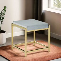 Orsina Powder Blue Velvet & Gold Stool, Square Velvet Upholstered Accent Seat, Chic Stainless Steel Frame