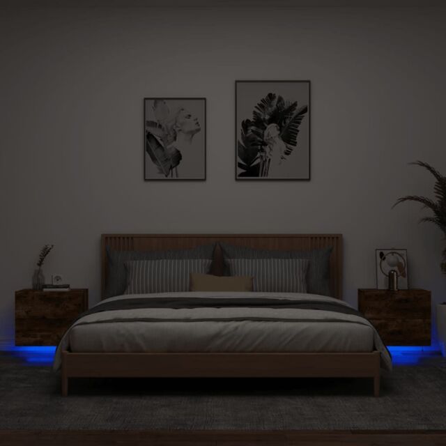 Berkfield Home Wall-mounted Bedside Cabinets with LED Lights 2 pcs Smoked Oak in Brown - image 1