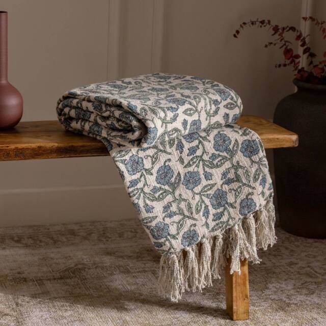 Paoletti Delphine 100% Cotton Floral Printed Throw in Natural - Size: 130 cm x 170 cm - image 1