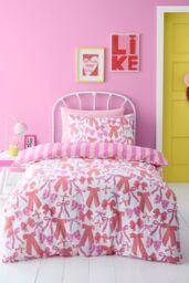 Bedlam Women's Bow & Stripes -Easy Care Double Duvet Cover Set in Pink - Size: Single