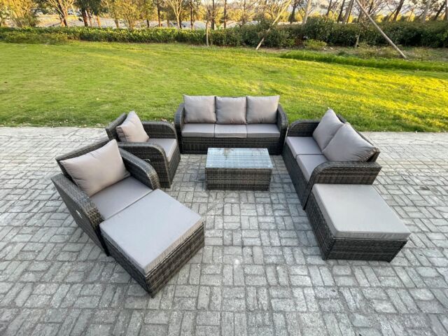 Fimous Wicker PE Rattan Garden Furniture Set 9 Seater Outdoor Lounge Sofa Set with Love Sofa Coffee Table 2 Big Footstool Dark Grey Mixed - image 1