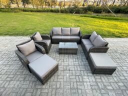 Fimous Wicker PE Rattan Garden Furniture Set 9 Seater Outdoor Lounge Sofa Set with Love Sofa Coffee Table 2 Big Footstool Dark Grey Mixed - thumbnail 1