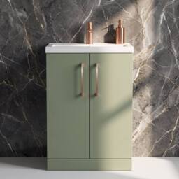 Balterley Bathroom Vanity Basin Unit, Copper Handles, 600mm, Satin Green - thumbnail 4