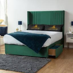 UK Bed Furniture Skyline Wingback Divan Bed with 2 Drawers Foot End & 54 Headboard in Green - Size: King