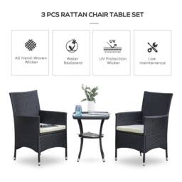 EONLION Rattan Bistro Set Garden Chair Table Patio Outdoor in Black - Size: 100 cm - thumbnail 3
