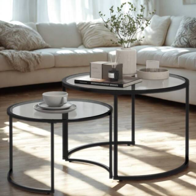FURNOS Set Of 2 Round Black Nesting Tables With Tempered Glass Top - image 1