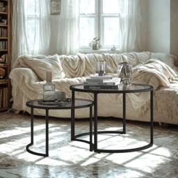 FURNOS Set Of 2 Round Black Nesting Tables With Tempered Glass Top - thumbnail 4