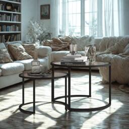 FURNOS Set Of 2 Round Black Nesting Tables With Tempered Glass Top - thumbnail 2