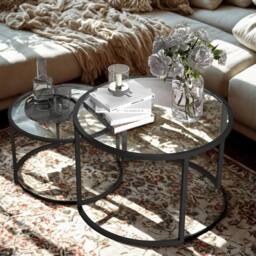 FURNOS Set Of 2 Round Black Nesting Tables With Tempered Glass Top - thumbnail 3