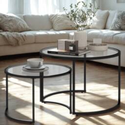 FURNOS Set Of 2 Round Black Nesting Tables With Tempered Glass Top