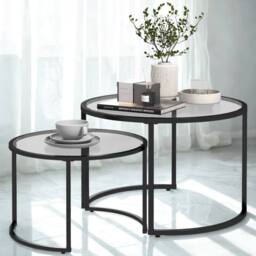 FURNOS Set Of 2 Round Black Nesting Tables With Tempered Glass Top - thumbnail 6