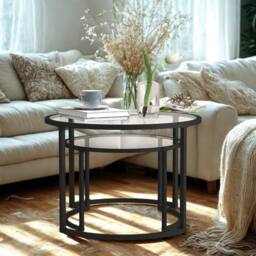 FURNOS Set Of 2 Round Black Nesting Tables With Tempered Glass Top - thumbnail 5