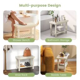 Costway 2-Tier Shower Bench Waterproof Bathroom Shower Stool w/ Bottom Storage Shelf in White - thumbnail 6