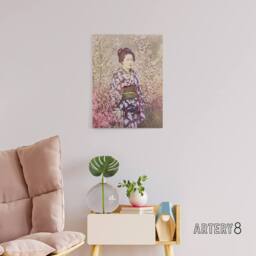 "Artery8 Geisha & Cherry Blossom Canvas Wall Art Print Ogawa Kazumasa in Pink - Size: W18"" x H24""" - thumbnail 3