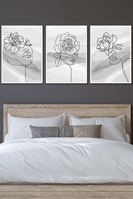 ARTZE Set of 3 White Framed Female Line Art Floral Faces on Grey Wall Art in Light Grey - Size: W33 cm x H45 cm x D20mm - image 1