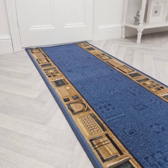 runrug Hallway Runner Rug - Non-Slip, Hardwearing, 5.4mm - 'Jena' in Blue - Size: 80 cm x 330 cm