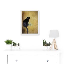 Artery8 Black Cat With Yellow Flower Artwork Framed Wall Art Print A4 in White - thumbnail 2