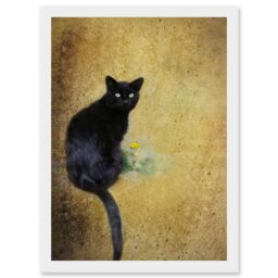 Artery8 Black Cat With Yellow Flower Artwork Framed Wall Art Print A4 in White - thumbnail 1
