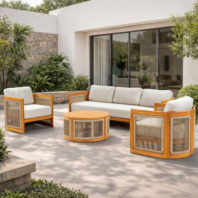 MIMO Outdoor Solid Wood Rope Three-seat Sofa Set with Coffee Table in Natural - Size: 4 Pack - image 1