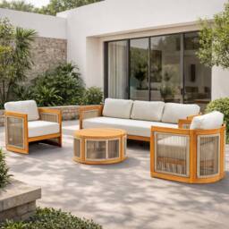 MIMO Outdoor Solid Wood Rope Three-seat Sofa Set with Coffee Table in Natural - Size: 4 Pack - thumbnail 1