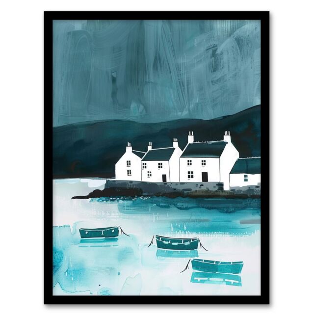 "Artery8 Scottish Seascape White Coastal Cottages Boats Framed Art Print in Blue - Size: W12"" x H16""" - image 1