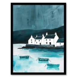 "Artery8 Scottish Seascape White Coastal Cottages Boats Framed Art Print in Blue - Size: W12"" x H16""" - thumbnail 1