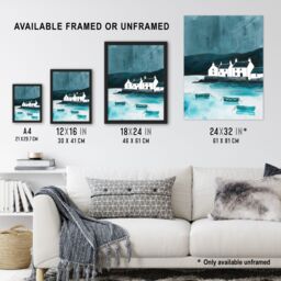 "Artery8 Scottish Seascape White Coastal Cottages Boats Framed Art Print in Blue - Size: W12"" x H16""" - thumbnail 3