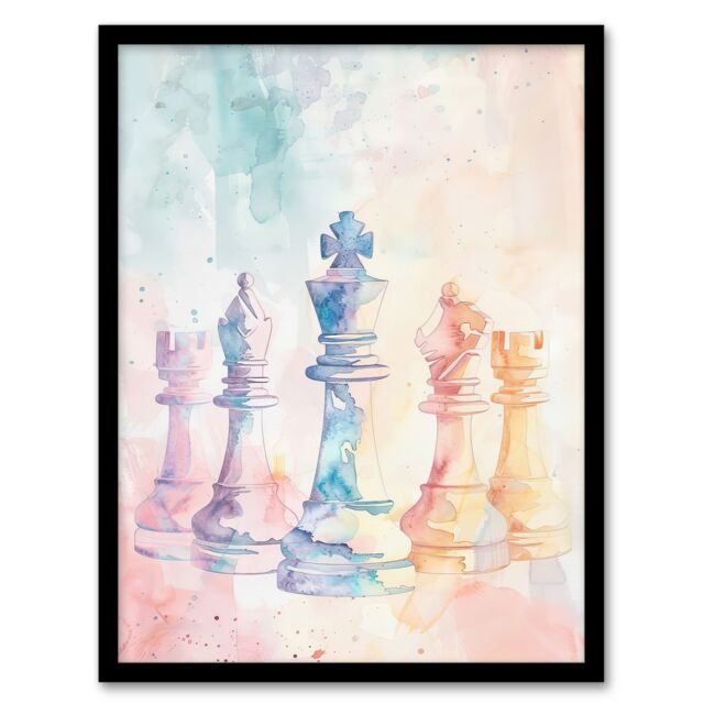 "Artery8 Stylised Chess Pieces Light Pastel Watercolour Framed Art Print - Size: W12"" x H16""" - image 1