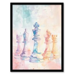 "Artery8 Stylised Chess Pieces Light Pastel Watercolour Framed Art Print - Size: W12"" x H16""" - thumbnail 1