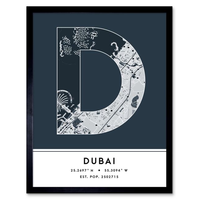 "Wee Blue Coo Wall Art Print Dubai United Arab Emirates City Map Modern Typography Stylish Letter Framed Word in Navy - Size: W12"" x H16""" - image 1