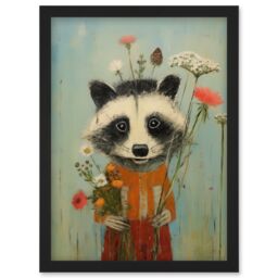 Artery8 Wall Art Print Cute Racoon Picking Wildflowers for a Spring Bouquet Oil Painting Amber Orange Baby Blue Kids Bedroom Artwork Framed A4 - thumbnail 1