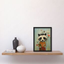 Artery8 Wall Art Print Cute Racoon Picking Wildflowers for a Spring Bouquet Oil Painting Amber Orange Baby Blue Kids Bedroom Artwork Framed A4 - thumbnail 2