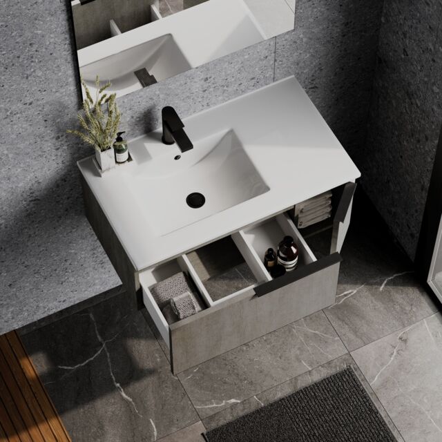 Banyetti Siena 800mm WallHung Vanity Unit with Matt Black Handles - Stone Grey - image 1