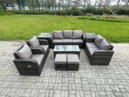 Fimous 9 Seater Outdoor Rattan Garden Furniture Set Rattan Lounge Sofa Set with Rectangular Coffee Table 2 Side Tables 2 Small Footstools in Dark Grey - thumbnail 1