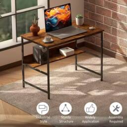 FORGEVIO 2-Tier Writing Computer Desk Metal Frame with Storage in Brown - thumbnail 4