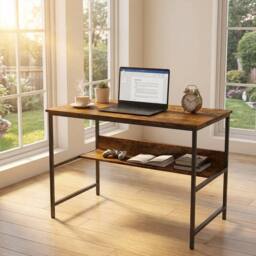 FORGEVIO 2-Tier Writing Computer Desk Metal Frame with Storage in Brown - thumbnail 8