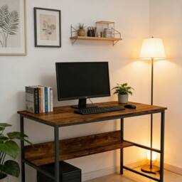 FORGEVIO 2-Tier Writing Computer Desk Metal Frame with Storage in Brown - thumbnail 6