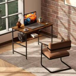 FORGEVIO 2-Tier Writing Computer Desk Metal Frame with Storage in Brown - thumbnail 5