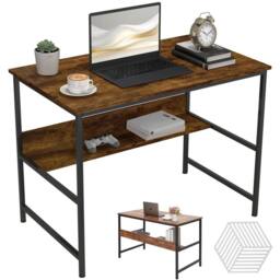 FORGEVIO 2-Tier Writing Computer Desk Metal Frame with Storage in Brown - thumbnail 1