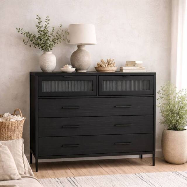Wyld Haus Lou Matt Black 5 Drawer Reeded Wood Chest - image 1