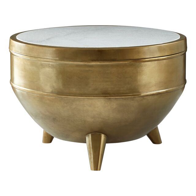 Orsina Green Marble Top Table, Round Copper Finish Iron Drum Table, Natural Green Marble Surface, Accent Table in White - image 1