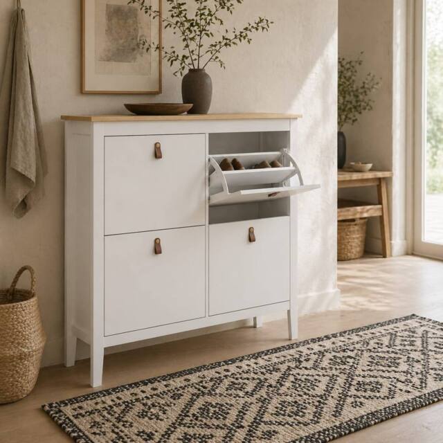 Wyld Haus Milese White & Oak Effect 4 Drawer Shoe Cabinet Faux Leather Handles - image 1