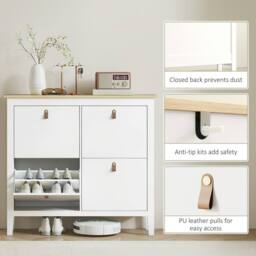 Wyld Haus Milese White & Oak Effect 4 Drawer Shoe Cabinet Faux Leather Handles - thumbnail 8