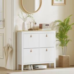 Wyld Haus Milese White & Oak Effect 4 Drawer Shoe Cabinet Faux Leather Handles - thumbnail 9